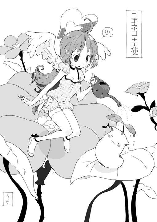 ukke, dress, flower, greyscale, heart, leaf, monochrome, solo, wings