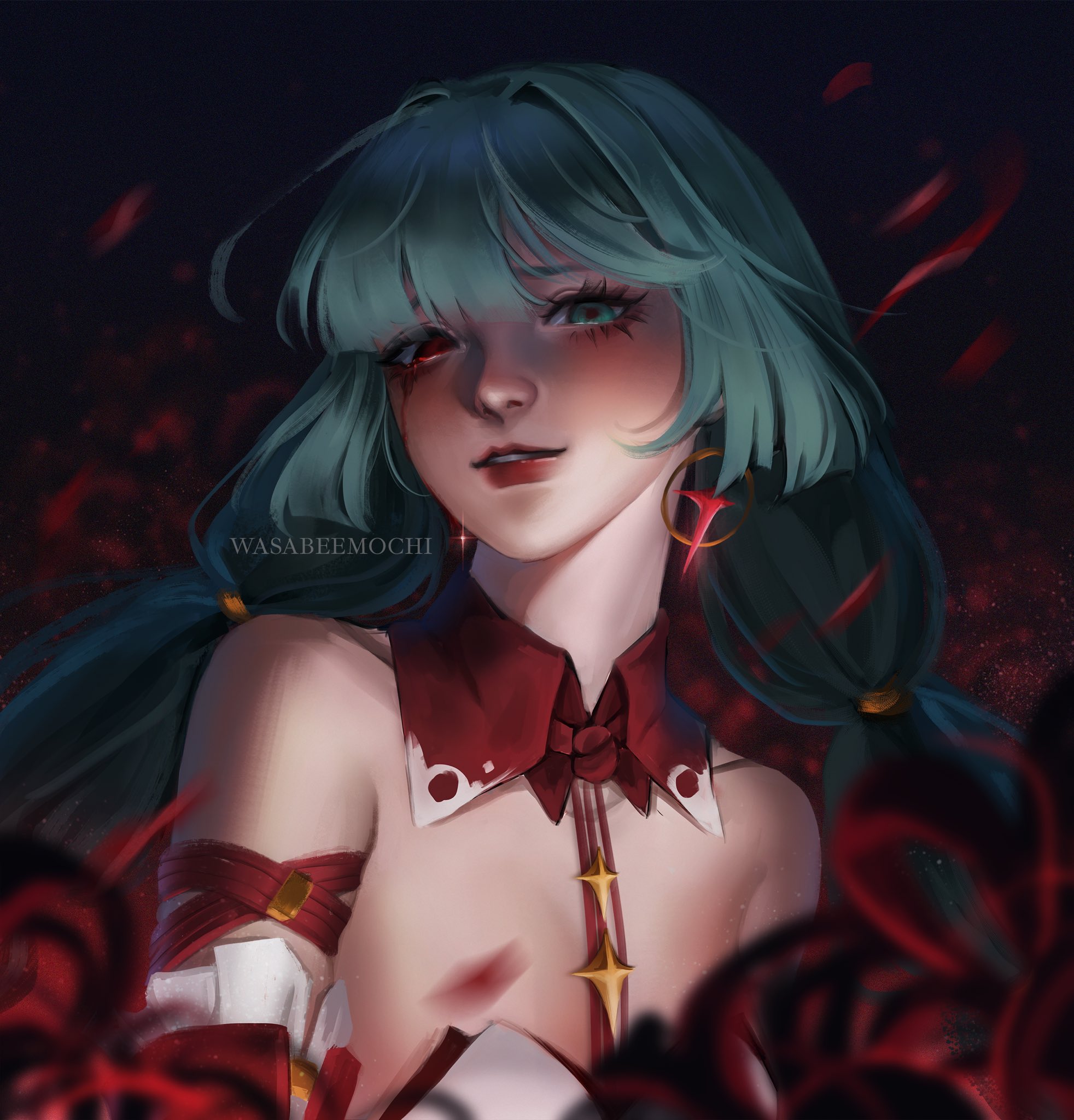 wasabeemochi, phrolova (wuthering waves), wuthering waves, commentary, english commentary, highres, 1girl, artist name, bare shoulders, blood, bloody tears, breasts, collar, earrings, flower, grey eyes, grey hair, heterochromia, jewelry, long hair, looking at viewer, low twintails, medium breasts, parted lips, red collar, red eyes, sad, smile, solo, spider lily, twintails, upper body