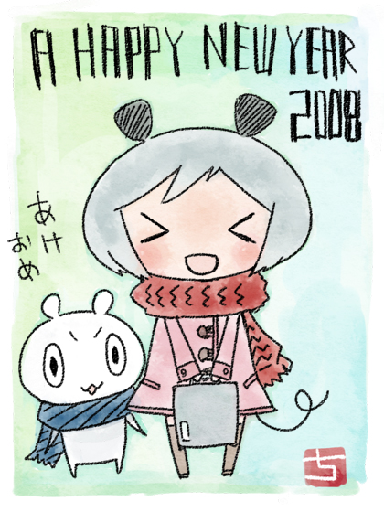 kirari chito, > <, 00s, 2008, akeome, animal ears, bag, chibi, closed eyes, dress, happy new year, mouse (animal), mouse ears, new year, scarf