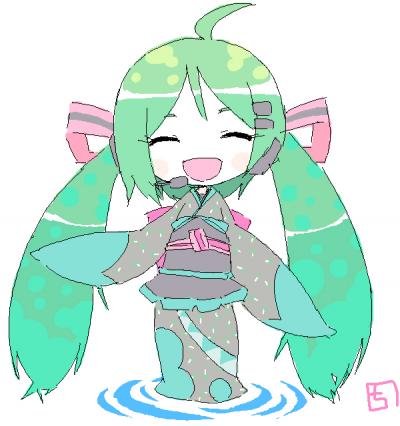 kirari chito, hatsune miku, vocaloid, lowres, green hair, headset, japanese clothes, long hair, microphone, solo, twintails, very long hair, water