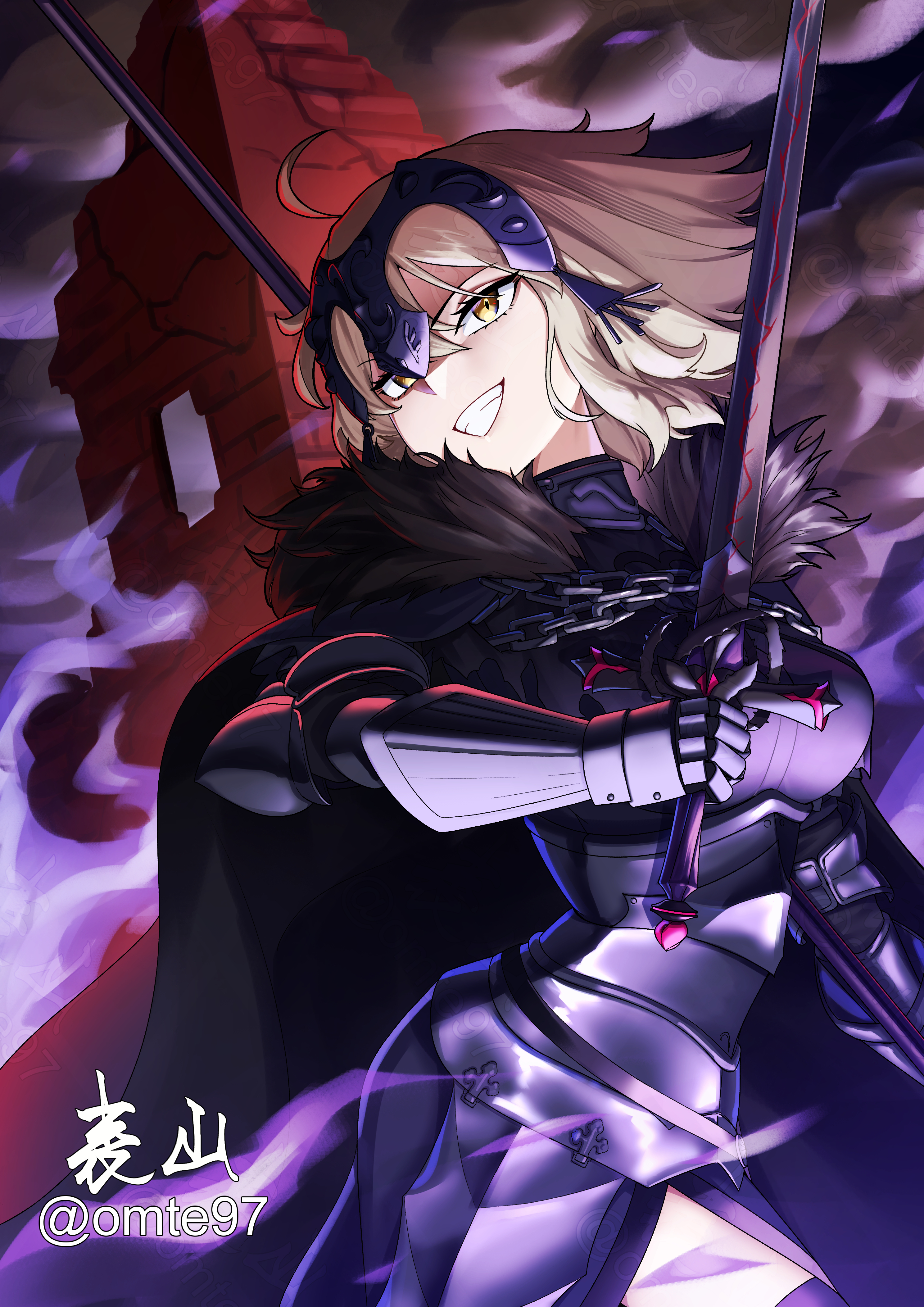 omte97, jeanne d'arc alter (avenger) (fate), jeanne d'arc alter (avenger) (first ascension) (fate), jeanne d'arc alter (fate), fate/grand order, fate (series), absurdres, highres, 1girl, armor, armored dress, black cloak, black dress, breasts, chain, cloak, collar, dress, faulds, fur-trimmed cloak, fur trim, gauntlets, grey hair, grin, headpiece, large breasts, looking at viewer, metal collar, plackart, polearm, short hair, smile, solo, sword, weapon, yellow eyes