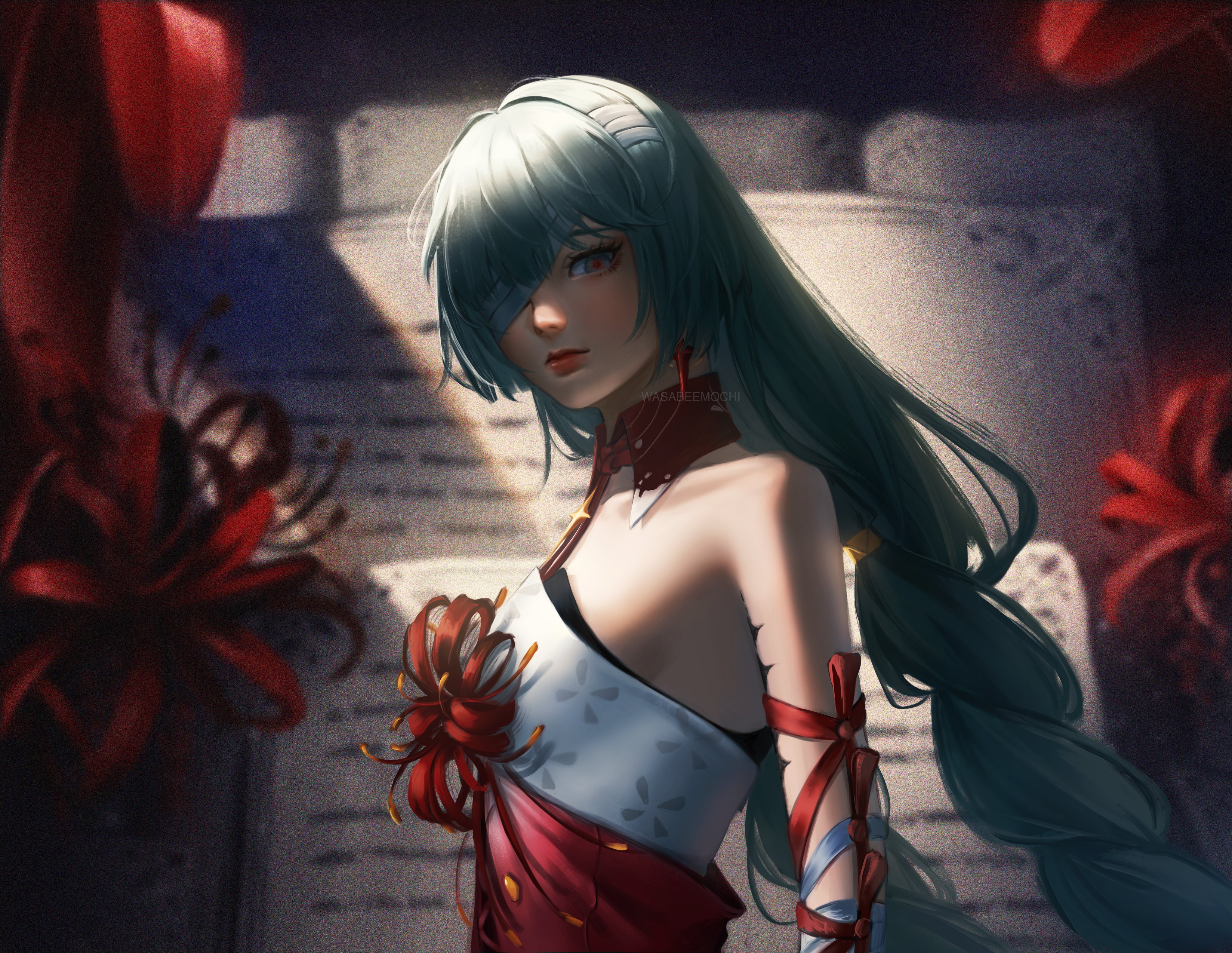 wasabeemochi, phrolova (wuthering waves), wuthering waves, absurdres, commentary, english commentary, highres, 1girl, artist name, bandage over one eye, bare shoulders, braid, breasts, closed mouth, dress, earrings, from side, grey eyes, grey hair, halter dress, halterneck, jewelry, long hair, looking at viewer, looking to the side, low twin braids, red dress, small breasts, solo, tacet mark (wuthering waves), twin braids, upper body