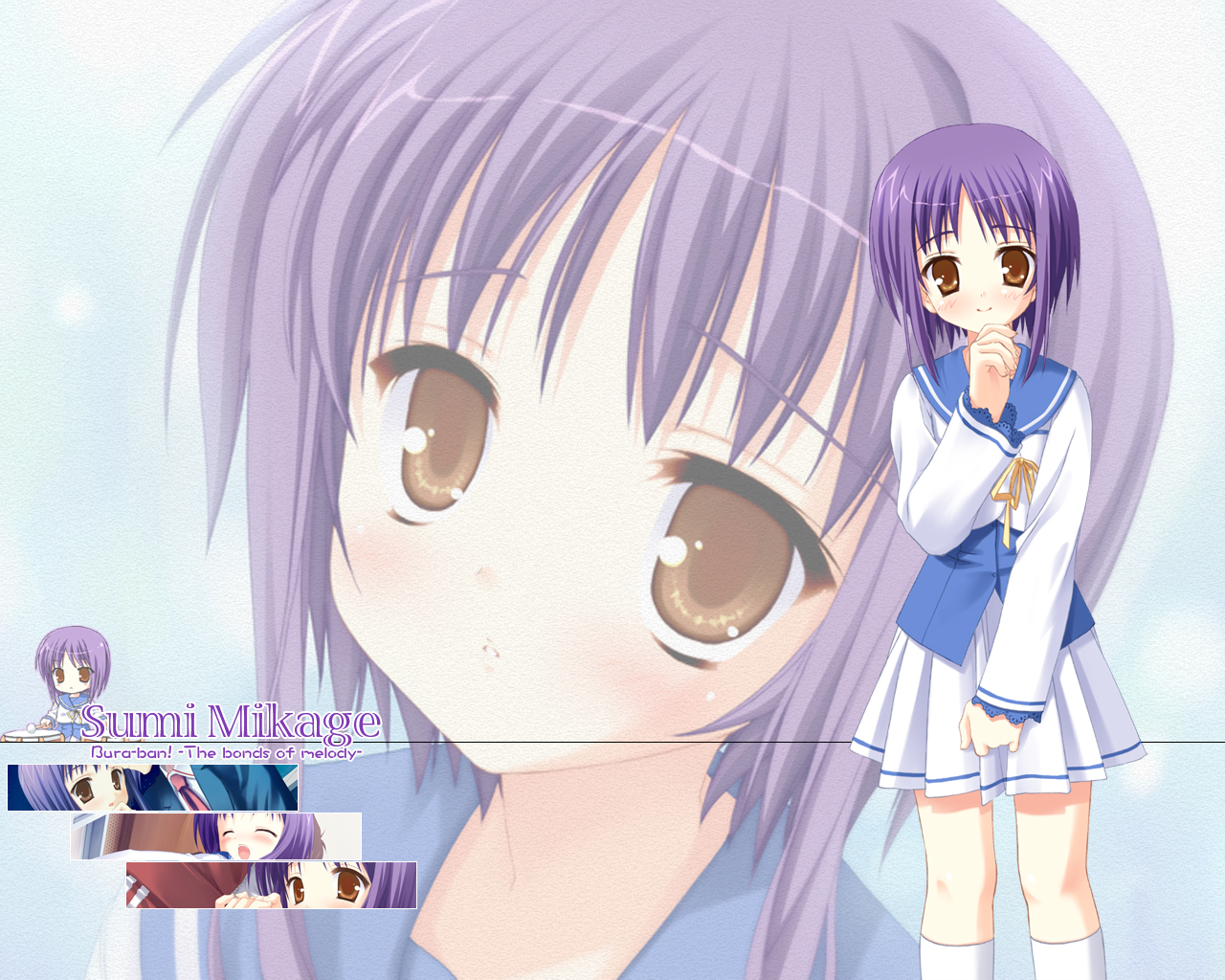 kobuichi, mikage sumi, bra-ban!, 1girl, blush, brown eyes, kneehighs, purple hair, school uniform, serafuku, short hair, skirt, socks