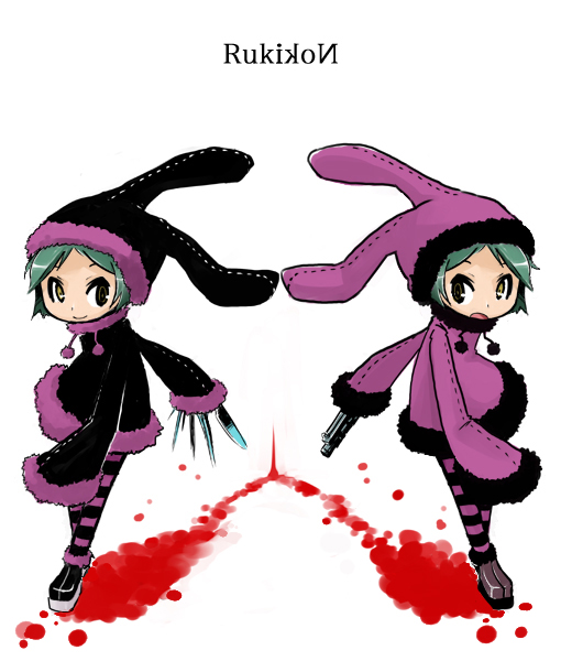 kirari chito, luki, noki, dogs: bullets & carnage, striped legwear, 2girls, blood, green hair, gun, hat, heterochromia, knife, multiple girls, pantyhose, striped clothes, striped pantyhose, weapon