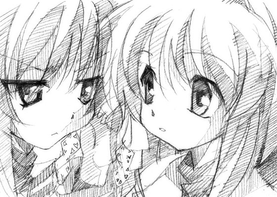 gofu, fujibayashi kyou, fujibayashi ryou, clannad, traditional media, 00s, 2girls, greyscale, monochrome, multiple girls, siblings, sisters, sketch, twins