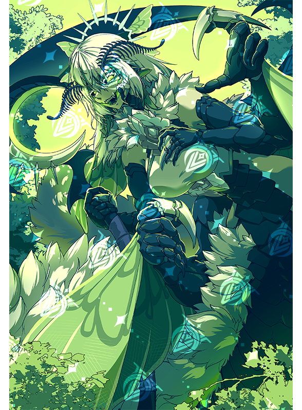 juniper (artist), juniper actias, indie virtual youtuber, 1girl, arthropod girl, black sclera, breasts, colored sclera, extra arms, green eyes, hand on own chest, holding, holding scythe, insect girl, long hair, moth girl, open mouth, pointy ears, scythe, sharp teeth, solo, teeth, tree, virtual youtuber, watermark, white hair