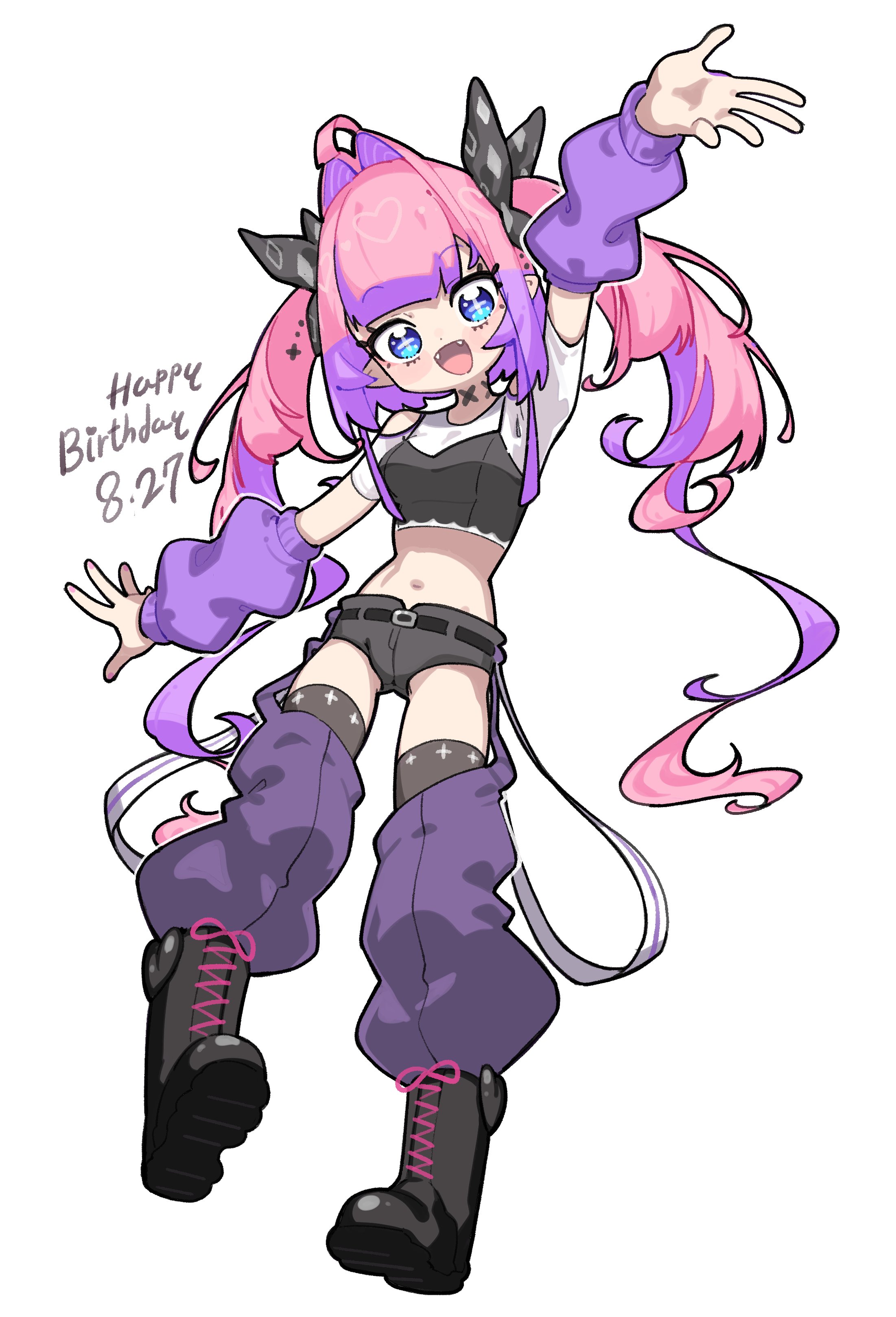fugota6509, kikirara vivi, hololive, hololive dev is, absurdres, highres, + +, 1girl, ahoge, arm up, belt, black belt, black boots, black bra, black ribbon, black shorts, black thighhighs, blue eyes, blush, boots, bra, bra over clothes, breasts, detached sleeves, dot nose, fangs, hair intakes, hair ribbon, happy birthday, long hair, long sleeves, looking at viewer, midriff, multicolored hair, nail polish, navel, open mouth, panties, pants, pink hair, pink nails, pointy ears, purple hair, purple panties, purple pants, purple sleeves, ribbon, shirt, short sleeves, shorts, simple background, smile, solo, stomach, thighhighs, thighs, twintails, two-tone hair, underwear, virtual youtuber, white background, white shirt