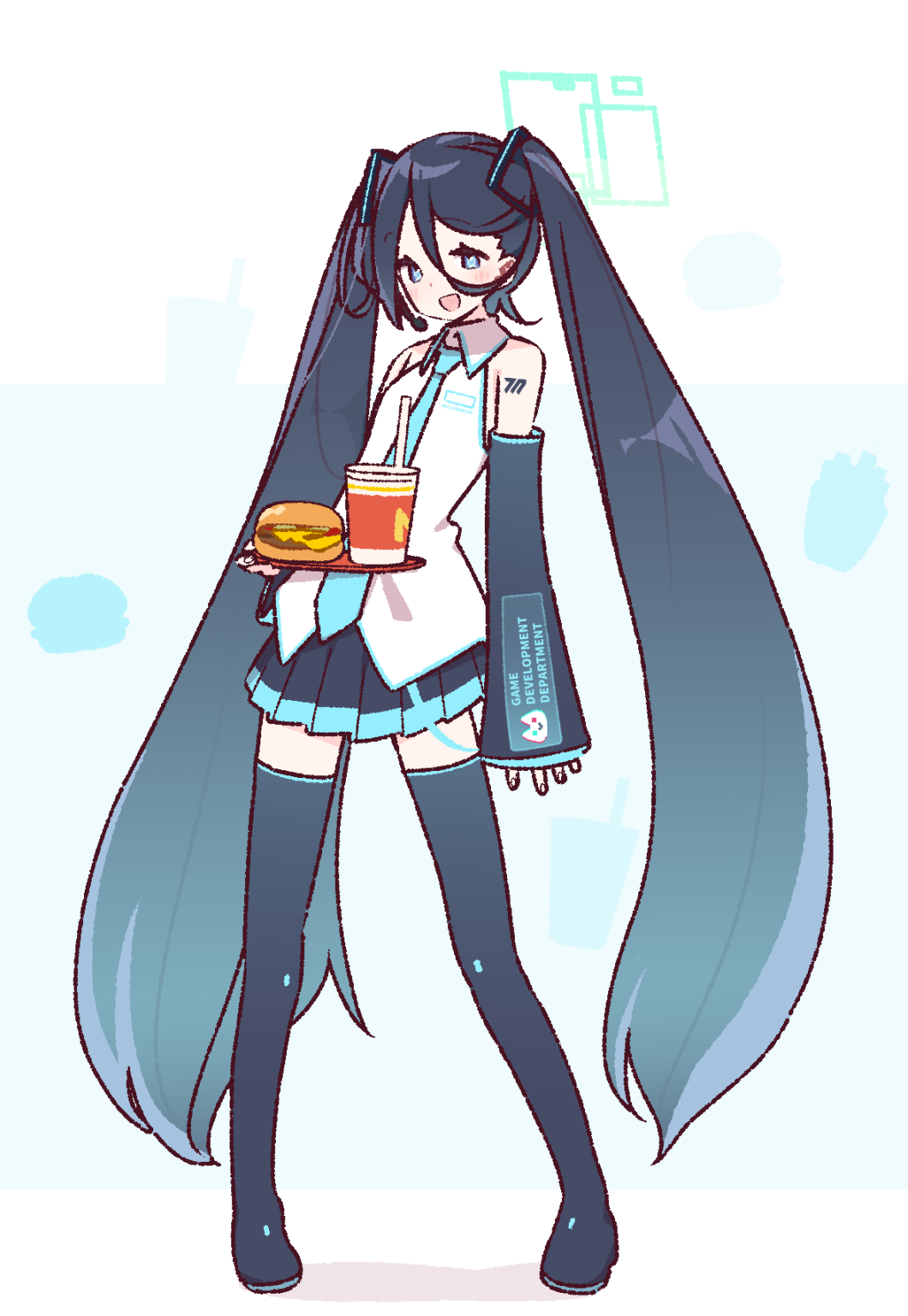 yoru nai, aris (blue archive), hatsune miku, blue archive, mcdonald's, vocaloid, commentary request, highres, 1girl, blue hair, blush, burger, cosplay, food, full body, green halo, hair between eyes, halo, hatsune miku (cosplay), holding, long hair, looking at viewer, millennium science school logo, necktie, skirt, solo, standing, thighhighs, twintails, very long hair, vocaloid boxart pose, zettai ryouiki