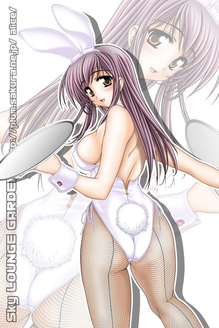tomoya kankurou, 1girl, animal ears, ass, back-seamed legwear, breasts, covered erect nipples, fake animal ears, female focus, fishnet pantyhose, fishnets, from behind, large breasts, leotard, long hair, looking back, pantyhose, playboy bunny, purple hair, rabbit, rabbit ears, seamed legwear, solo, zipper, zoom layer