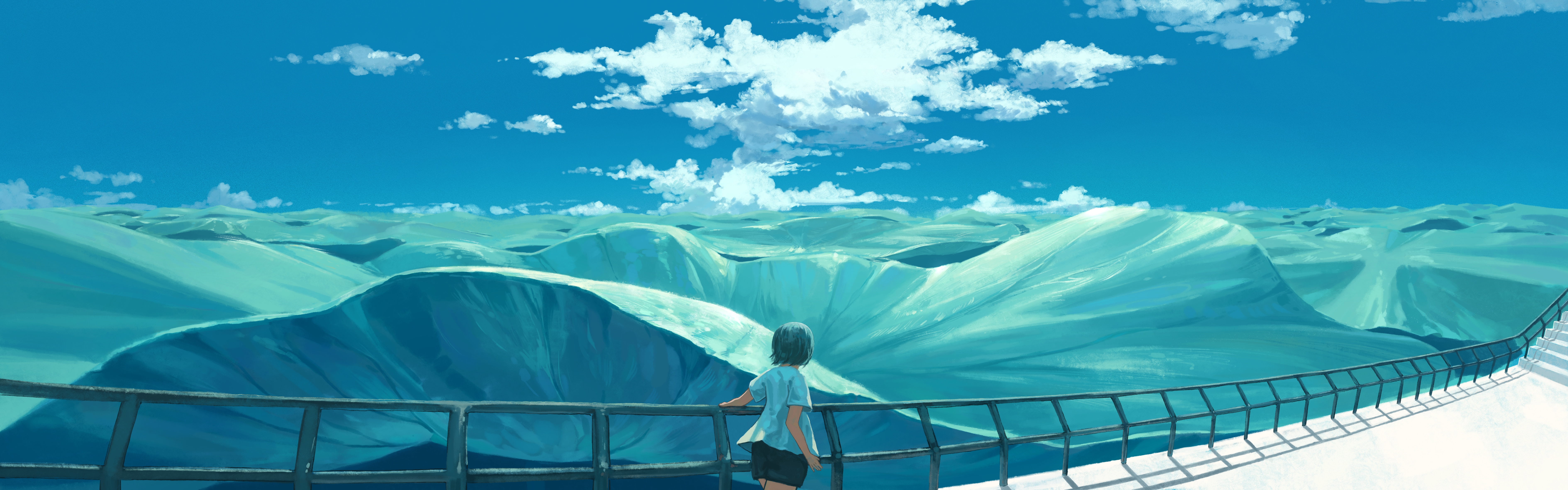 original, absurdres, chinese commentary, commentary request, highres, 1other, ambiguous gender, black shorts, blue sky, cloud, day, feitu233, from behind, grey shirt, hand on railing, lotus leaf, outdoors, oversized plant, plant, plant focus, railing, scenery, shadow, shirt, short sleeves, shorts, sky, standing, summer, sunlight, wide shot