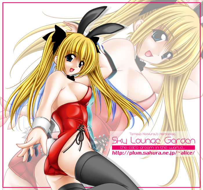 tomoya kankurou, 1girl, animal ears, black thighhighs, blonde hair, fake animal ears, female focus, leotard, playboy bunny, rabbit, rabbit ears, ribbon, solo, thighhighs, twintails, watermark, web address, zoom layer