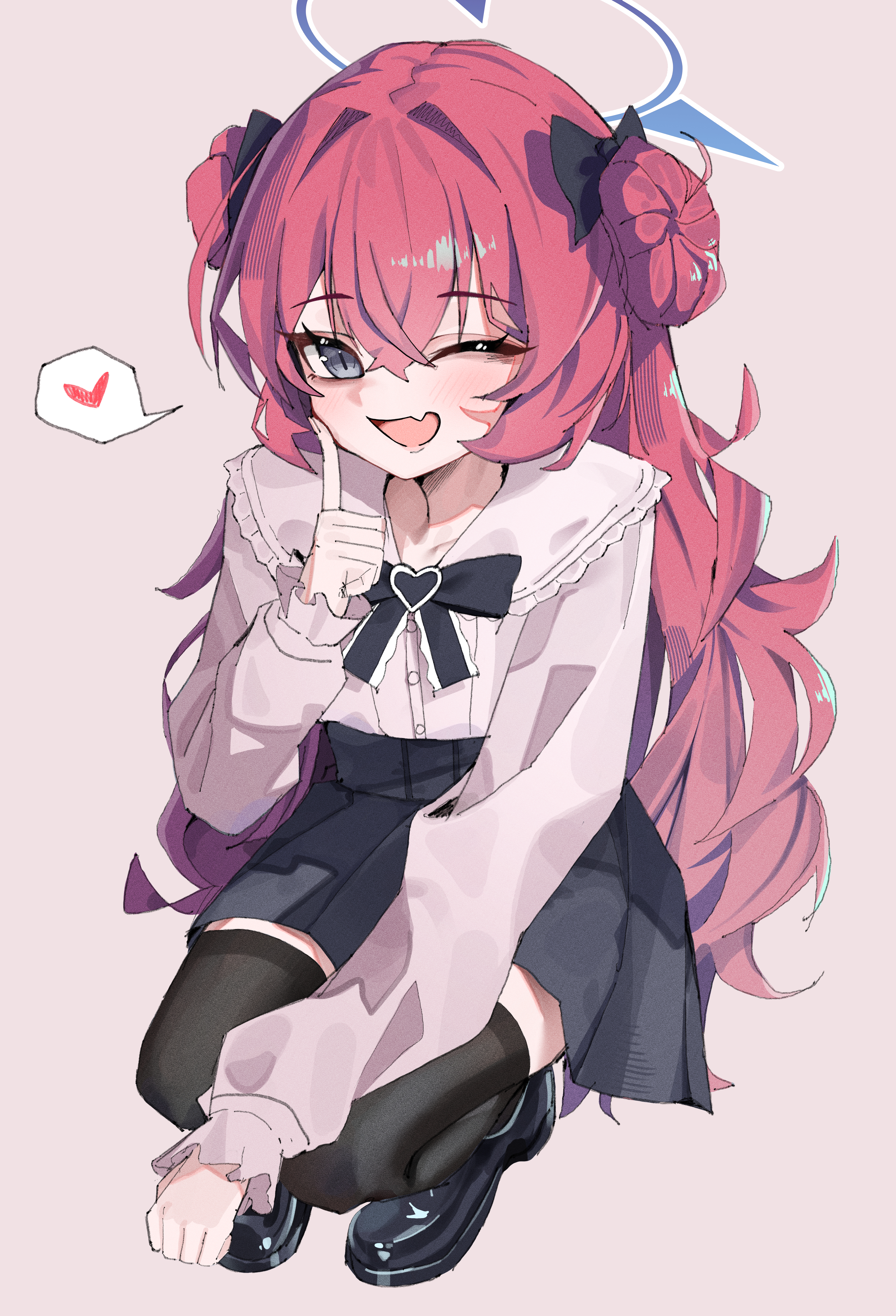 cetci, iroha (blue archive), blue archive, fluffy hair, absurdres, commentary, highres, korean commentary, 1girl, ;d, alternate costume, alternate hairstyle, black bow, black bowtie, black shoes, black skirt, black thighhighs, blue halo, blush, bow, bowtie, crossed bangs, double bun, eyelashes, fang, film grain, frilled shirt collar, frilled sleeves, frills, full body, grey eyes, hair between eyes, hair bow, hair bun, hair intakes, halo, hand up, happy, heart, heart-shaped ornament, high-waist skirt, index finger raised, jirai kei, long hair, long sleeves, looking at viewer, no headwear, one eye closed, open mouth, pink background, pink shirt, pleated skirt, puffy long sleeves, puffy sleeves, red hair, shirt, shoes, simple background, skin fang, skirt, slit pupils, smile, solo, speech bubble, spoken heart, squatting, thighhighs, very long hair, zettai ryouiki