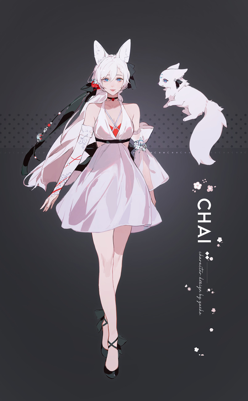 yueko (jiayue wu), chai (vtuber), highres, animal ear fluff, animal ears, detached sleeves, dress, fox, fox ears, fox girl, high heels, puffy sleeves, ribbon, white dress, white hair
