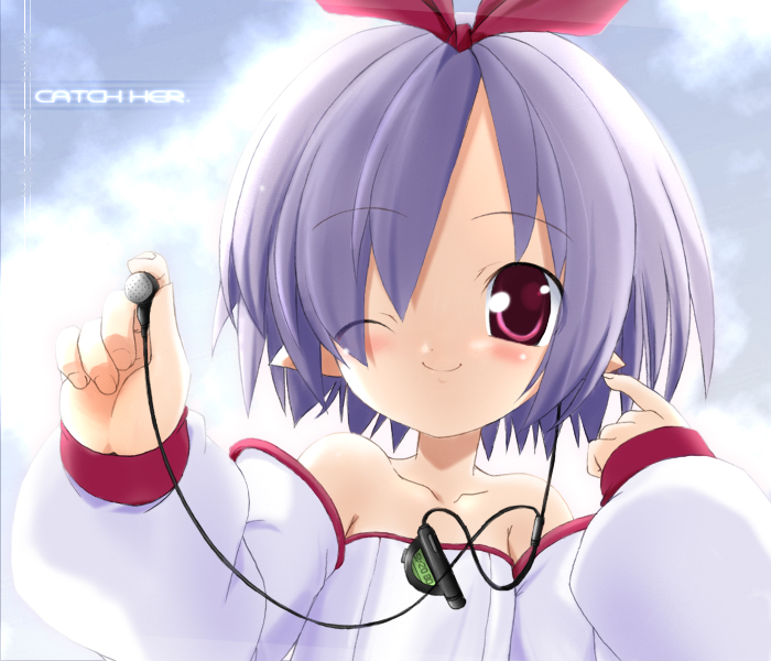 haga yui, pleinair, disgaea, blue hair, child, digital media player, earbuds, earphones, hair ribbon, headphones, red eyes, ribbon, short hair