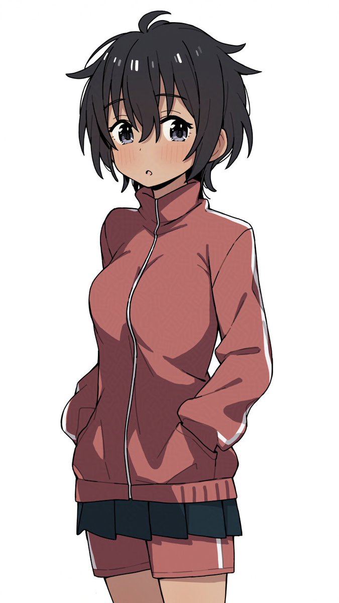 itami sumihito, original, commentary request, highres, 1girl, black hair, black skirt, blush, cowboy shot, dark-skinned female, dark skin, grey eyes, hands in pockets, jacket, long sleeves, looking at viewer, miniskirt, parted lips, red jacket, red shorts, short hair, shorts, shorts under skirt, simple background, skirt, solo, track jacket, white background