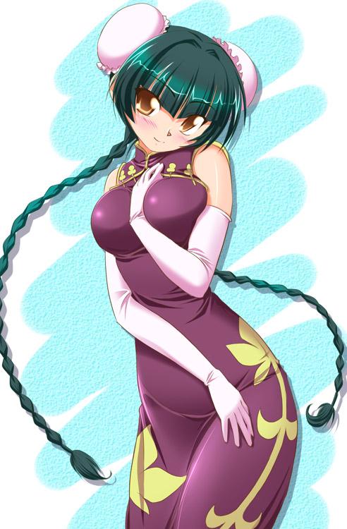 hirorin, nekono matatabi, wang liu mei, gundam, gundam 00, 00s, 1girl, arm between breasts, bare shoulders, between breasts, black hair, blush, braid, breasts, bun cover, china dress, chinese clothes, cleavage, double bun, dress, elbow gloves, embarrassed, female focus, gloves, hair bun, smile, solo, twin braids, yellow eyes