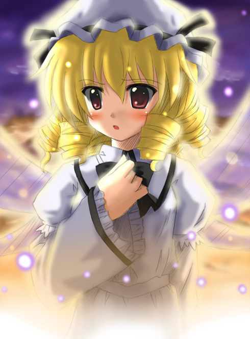 exe (artist), xe (execut3r), luna child, eastern and little nature deity, touhou, touhou sangetsusei, 1girl, blonde hair, drill hair, female focus, red eyes, solo, wings