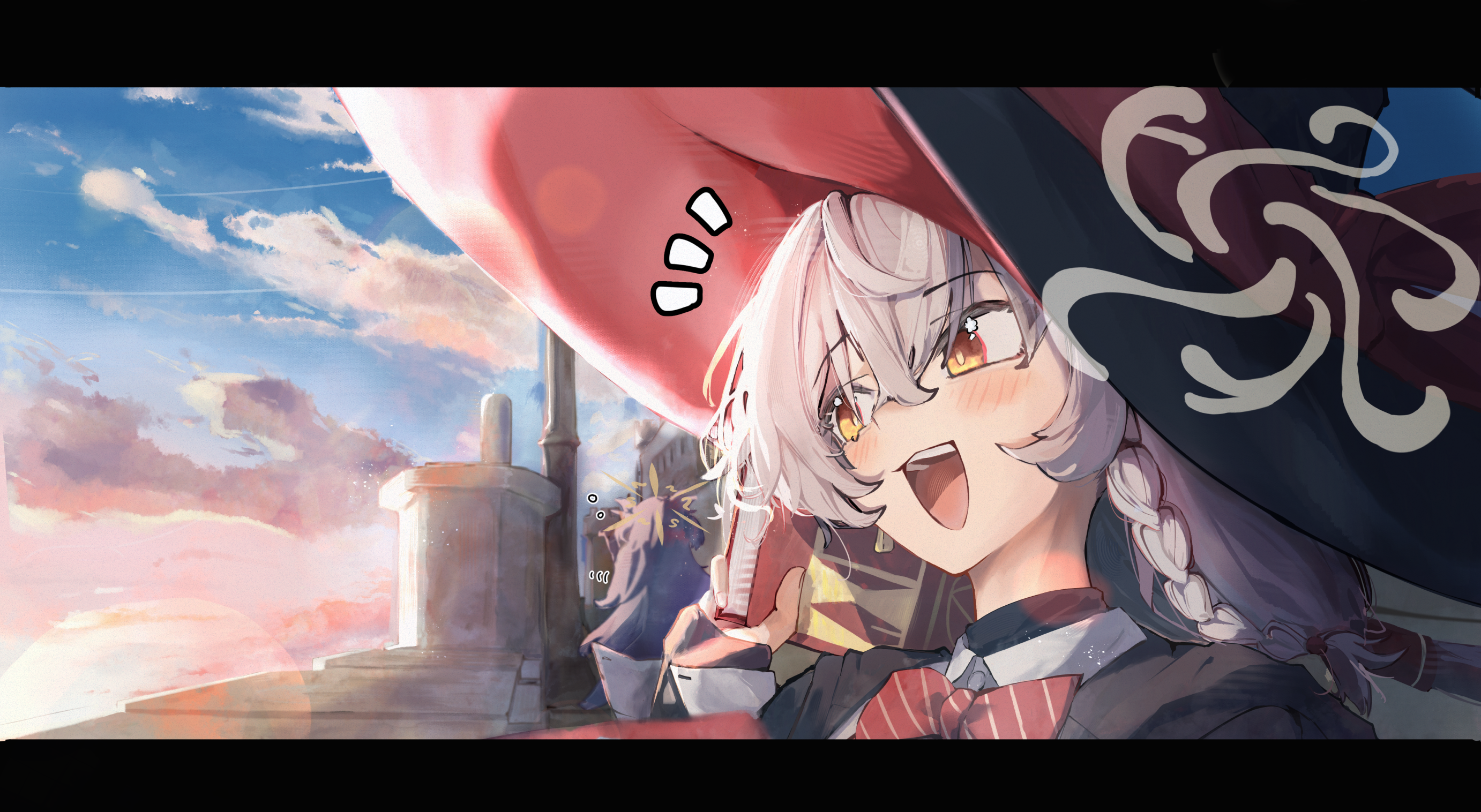 eri (blue archive), kanoe (blue archive), blue archive, 2girls, :d, back, bow, bowtie, braid, building, castle, cloud, earrings, halo, hat, holdin book, jacket, jewelry, long coat, long hair, multiple girls, open mouth, orange eyes, scenery, shirt, skies, smile, sunset, sweater, twintails, white hair, witch hat