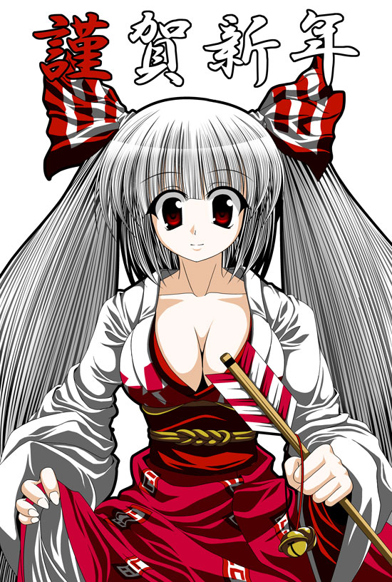tatamiya, fujiwara no mokou, touhou, silver hair, 1girl, bow, breasts, cleavage, female focus, hair bow, japanese clothes, large breasts, long hair, miko, new year, red eyes, solo, twintails, very long hair