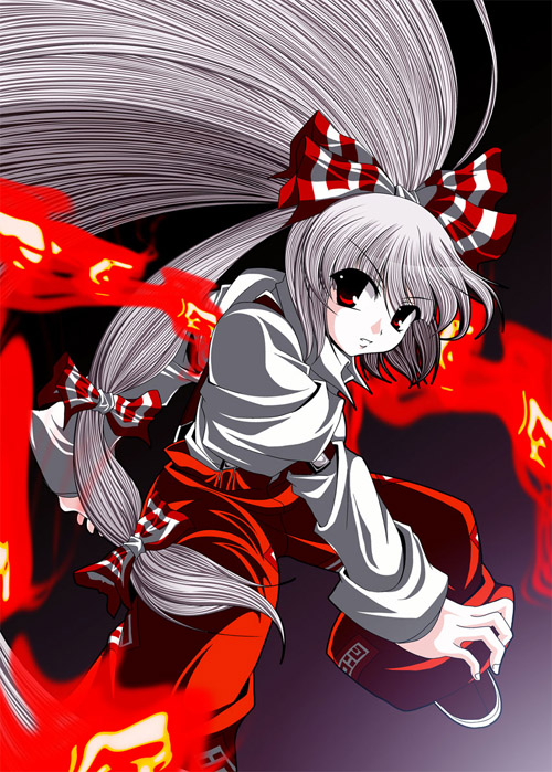 tatamiya, fujiwara no mokou, touhou, 1girl, bow, female focus, fire, gradient background, hair bow, long hair, long sleeves, multiple hair bows, ofuda, pants, red eyes, simple background, skirt, solo, very long hair, white hair, white skirt