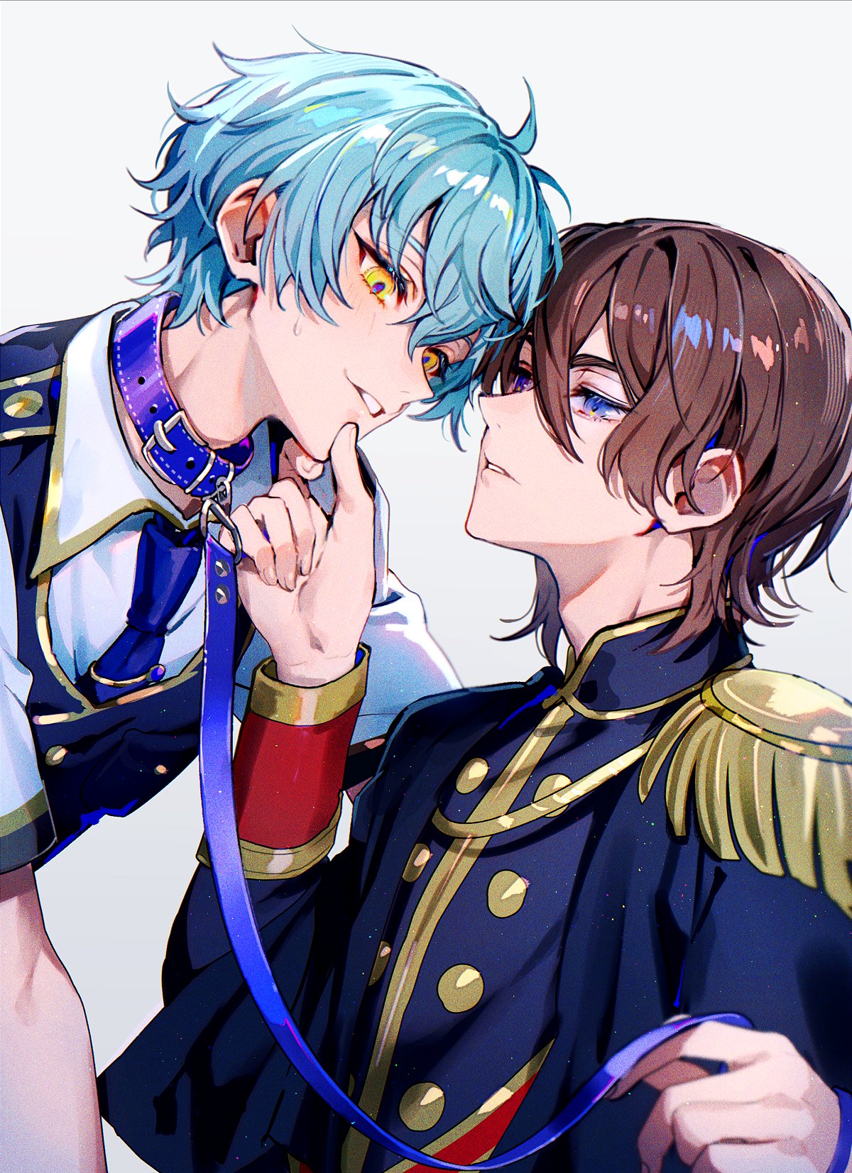 tawan (46okuneeen), pretty rhythm, pretty series, commentary request, highres, 2boys, aiguillette, animal collar, blue eyes, blue hair, blue jacket, brown hair, collar, collared shirt, epaulettes, gold trim, grabbing another's chin, hair between eyes, hand on another's chin, holding, holding leash, jacket, king of prism, leash, looking at another, male focus, multiple boys, norizuki jin, purple collar, shirt, short hair, smile, takadanobaba jouji, vest, white shirt, yaoi, yellow eyes
