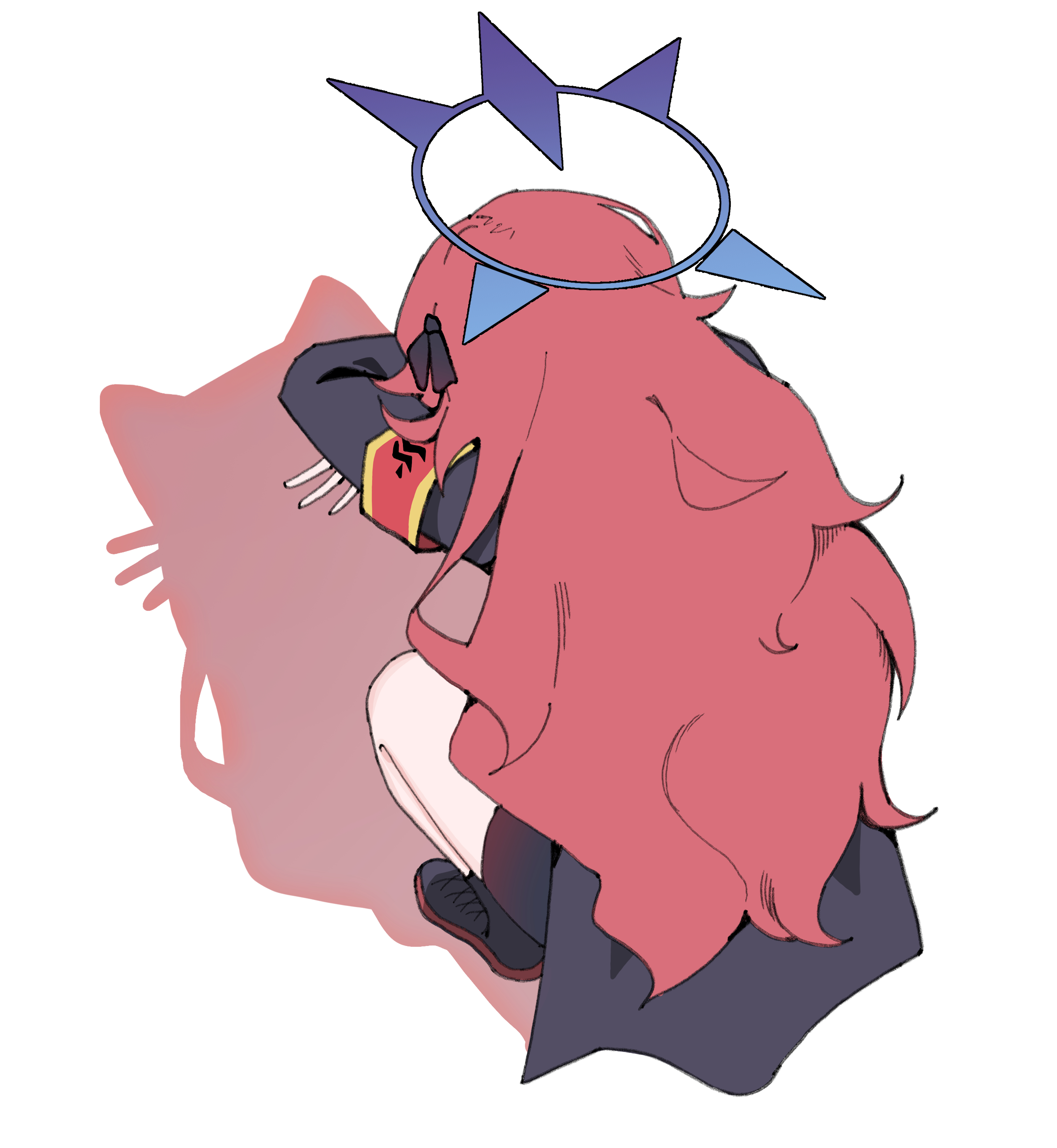 cetci, iroha (blue archive), blue archive, fluffy hair, absurdres, commentary, highres, korean commentary, 1girl, armband, black boots, black bow, black jacket, blue halo, boots, bow, cat shadow puppet (meme), from behind, full body, hair bow, halo, jacket, long hair, long sleeves, meme, no headwear, red armband, red hair, shadow, solo, squatting, very long hair