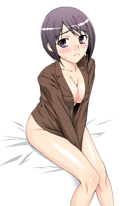 unagimaru, 1girl, blush, breasts, cleavage, female focus, large breasts, purple eyes, purple hair, short hair, sitting, solo