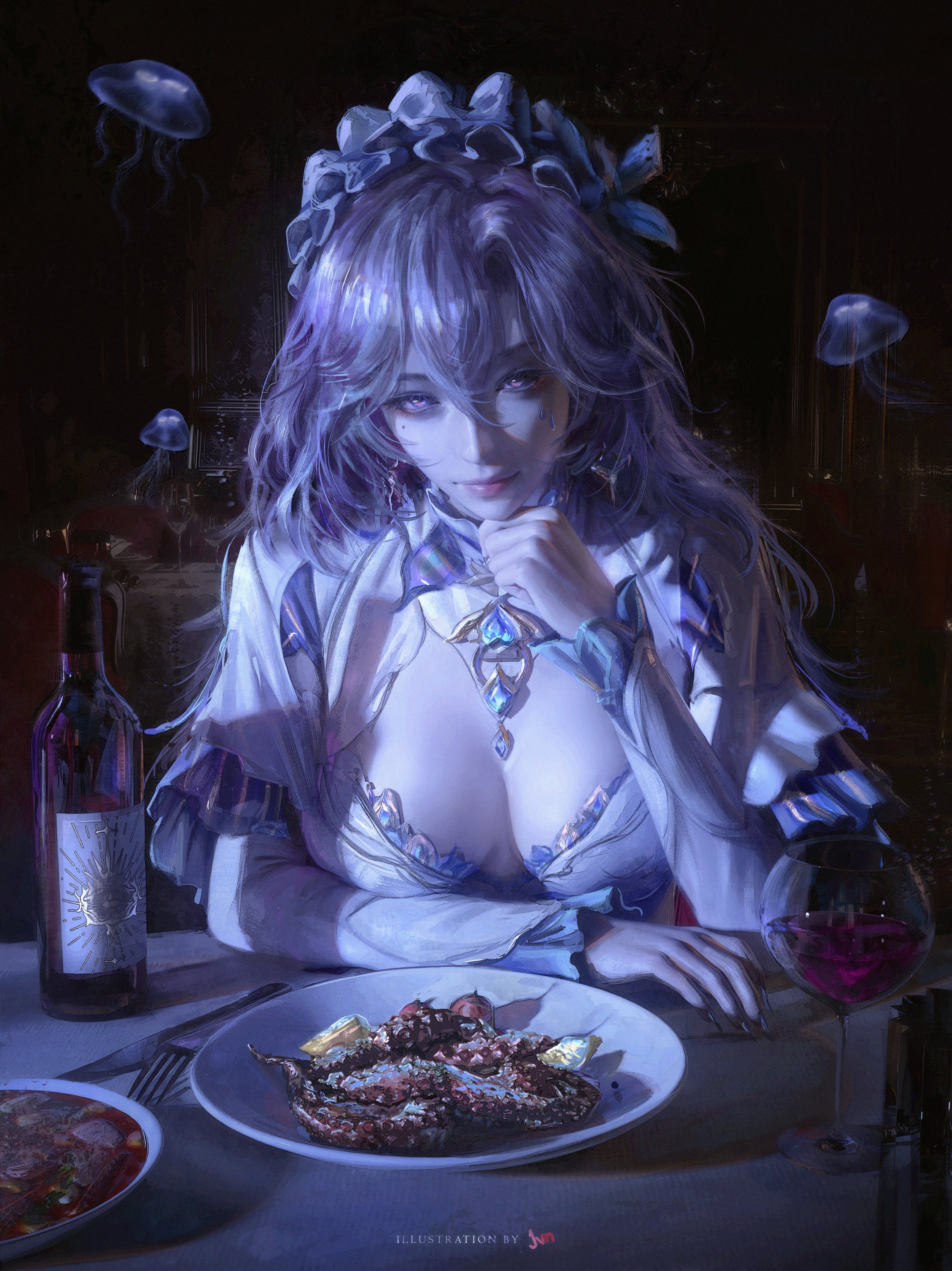 jvn, cantarella (wuthering waves), wuthering waves, absurdres, commentary, english commentary, highres, 1girl, artist name, blue flower, bottle, breasts, cup, cutlery, dinner, drinking glass, earrings, facial mark, fingernails, flower, food, fork, hair between eyes, hair flower, hair ornament, headdress, indoors, jellyfish, jewelry, knife, large breasts, long fingernails, long hair, looking at viewer, mark under eye, mole, mole under eye, nail polish, purple eyes, purple hair, purple nails, purple theme, shrug (clothing), solo, white shrug, wine glass