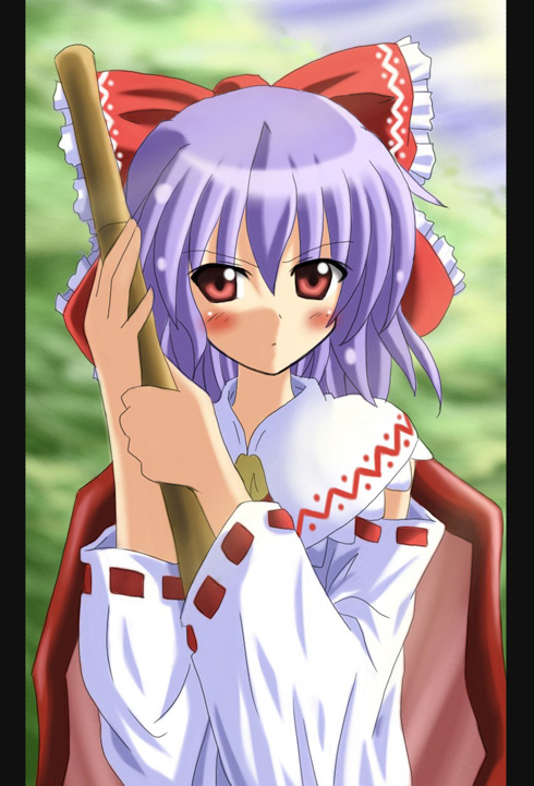 exe (artist), xe (execut3r), hakurei reimu, remilia scarlet, touhou, 1girl, bamboo broom, bat wings, blush, bow, broom, cosplay, female focus, frown, hair bow, hakurei reimu (cosplay), japanese clothes, miko, solo, wings
