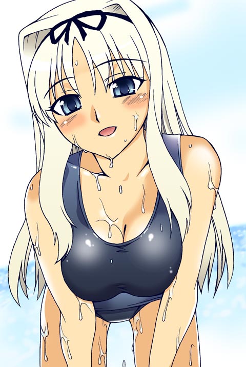 unagimaru, kusugawa sasara, to heart (series), to heart 2, 00s, blonde hair, blue eyes, blush, breasts, cleavage, hair ribbon, large breasts, leaning forward, long hair, one-piece swimsuit, ribbon, solo, swimsuit, wet