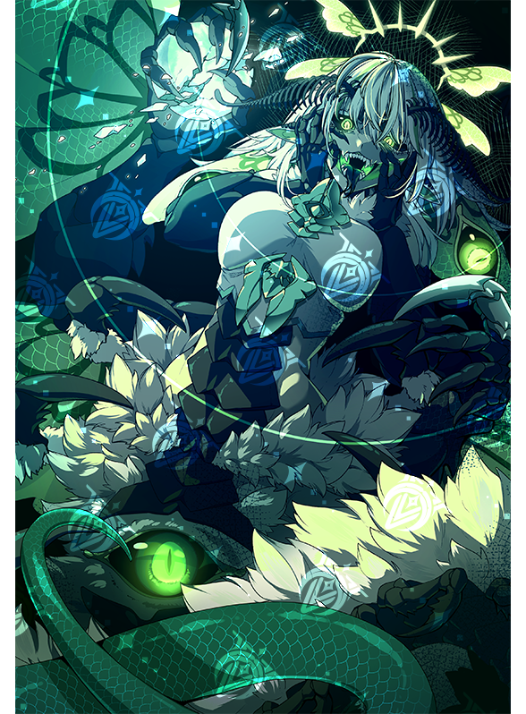 juniper (artist), juniper actias, indie virtual youtuber, 1girl, arthropod girl, arthropod limbs, black sclera, black tongue, breasts, colored sclera, extra arms, forked tongue, hair ornament, hands on own cheeks, hands on own face, insect girl, moth girl, open mouth, pointy ears, sharp teeth, slit pupils, snake tail, solo, tail, teeth, tongue, tongue out, virtual youtuber, watermark, white hair