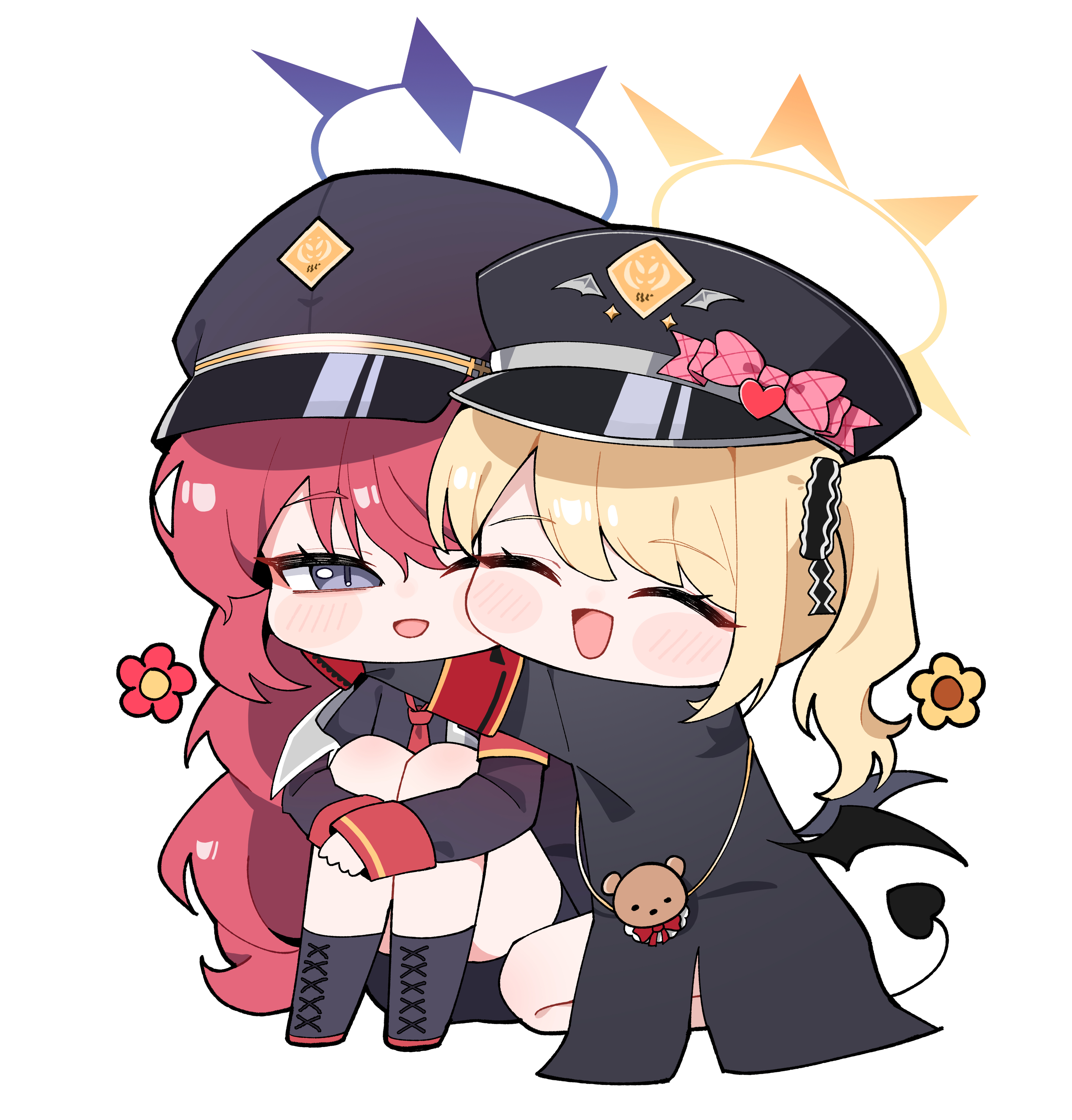 cetci, ibuki (blue archive), iroha (blue archive), blue archive, fluffy hair, absurdres, commentary, highres, korean commentary, 2girls, :d, ;d, ^ ^, armband, arms around neck, black boots, black hat, black jacket, black ribbon, black shirt, black skirt, blonde hair, blush stickers, boots, bow, chibi, chibi only, closed eyes, demon girl, demon tail, demon wings, eyelashes, full body, grey eyes, hair between eyes, hair ribbon, happy, hat, hat bow, hat ornament, heart, heart hat ornament, hug, hugging own legs, jacket, knees up, lace-up boots, long hair, looking at another, low wings, multiple girls, necktie, one eye closed, open clothes, open jacket, open mouth, peaked cap, pencil skirt, pink bow, red armband, red hair, red necktie, ribbon, shirt, simple background, sitting, skirt, sleeves past wrists, slit pupils, smile, swept bangs, tail, tsurime, twintails, very long hair, white background, wings