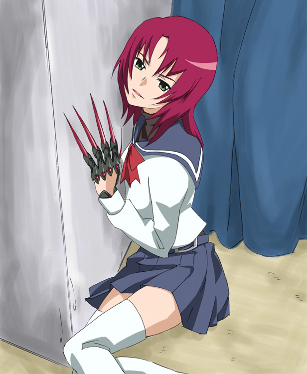 yomi (indigoriver), yuuki nao, my-hime, 00s, claws, green eyes, red hair, school uniform, serafuku, solo, thighhighs