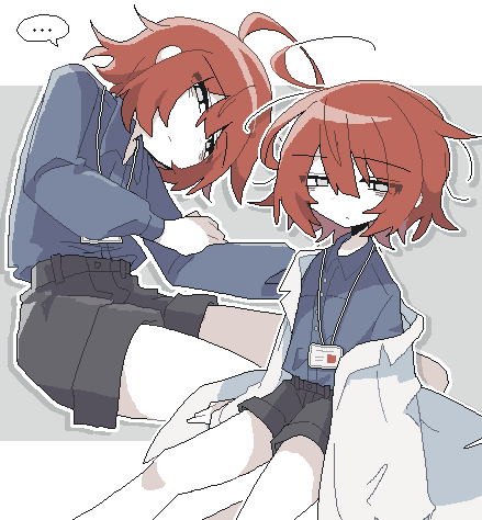 suzua (sofw0), original, commentary, lowres, …, 1girl, ahoge, bags under eyes, black shorts, blue shirt, closed mouth, collared shirt, grey background, grey eyes, half-closed eyes, jacket, jacket partially removed, jaggy lines, lab coat, lanyard, long sleeves, looking at viewer, messy hair, multiple views, no nose, pale skin, red hair, shirt, shirt tucked in, short hair, shorts, simple background, sitting, spoken ellipsis