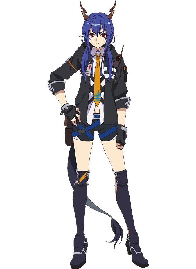 takafuji aya, ch'en (arknights), arknights, official art, 1girl, anime coloring, belt, belt pouch, bike shorts, black gloves, black hood, black jacket, blue belt, blue boots, blue hair, boots, breasts, brown horns, clenched hand, collared shirt, dragon girl, dragon horns, dragon tail, fingerless gloves, full body, gloves, hair between eyes, hand on own hip, hood, hood down, hooded jacket, horns, jacket, knee boots, long hair, looking at viewer, low twintails, neckerchief, pouch, red eyes, shirt, sidelocks, simple background, small breasts, solo, standing, tail, thighs, three-quarter sleeves, transparent background, twintails, untucked shirt, v-shaped eyebrows, white shirt, yellow neckerchief