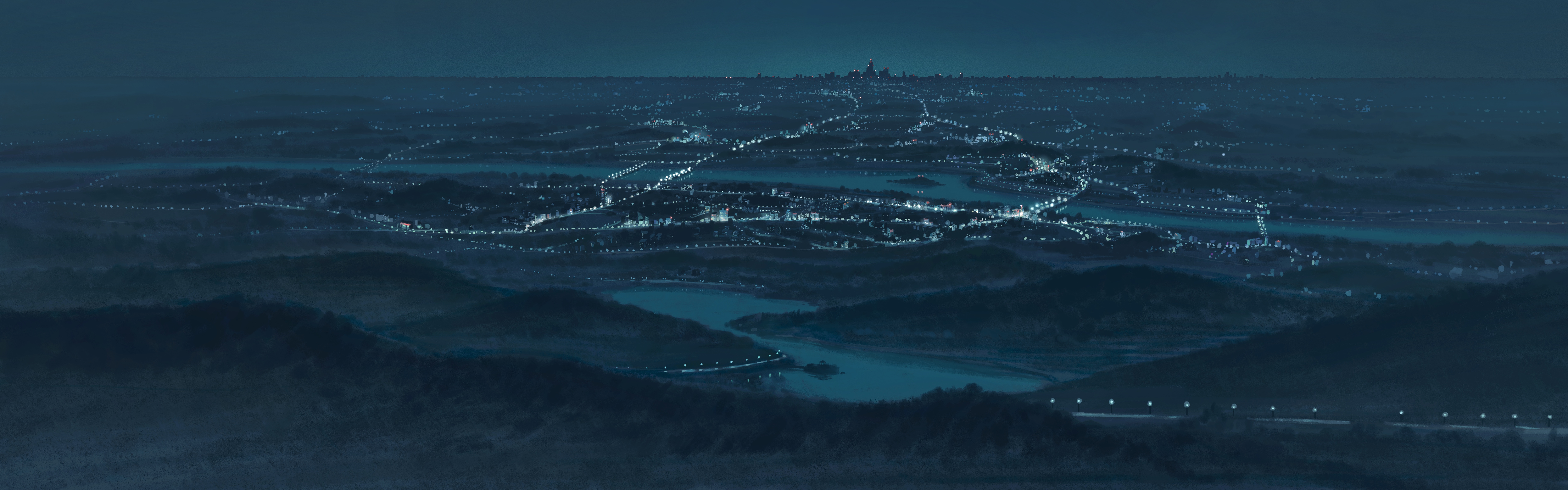 original, absurdres, chinese commentary, commentary request, highres, city lights, feitu233, horizon, landscape, night, night sky, no humans, outdoors, river, scenery, sky, skyline