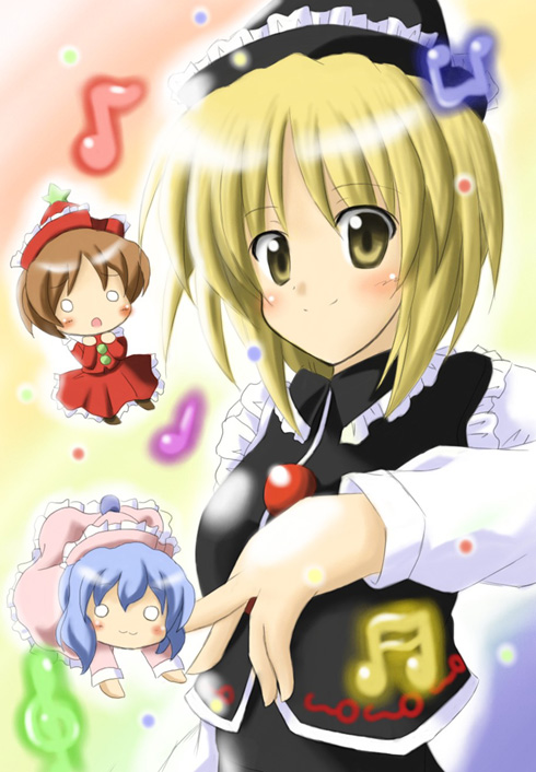 exe (artist), xe (execut3r), lunasa prismriver, lyrica prismriver, merlin prismriver, touhou, 3girls, beamed quavers, blonde hair, chibi, female focus, multiple girls, musical note, quaver, siblings, sisters