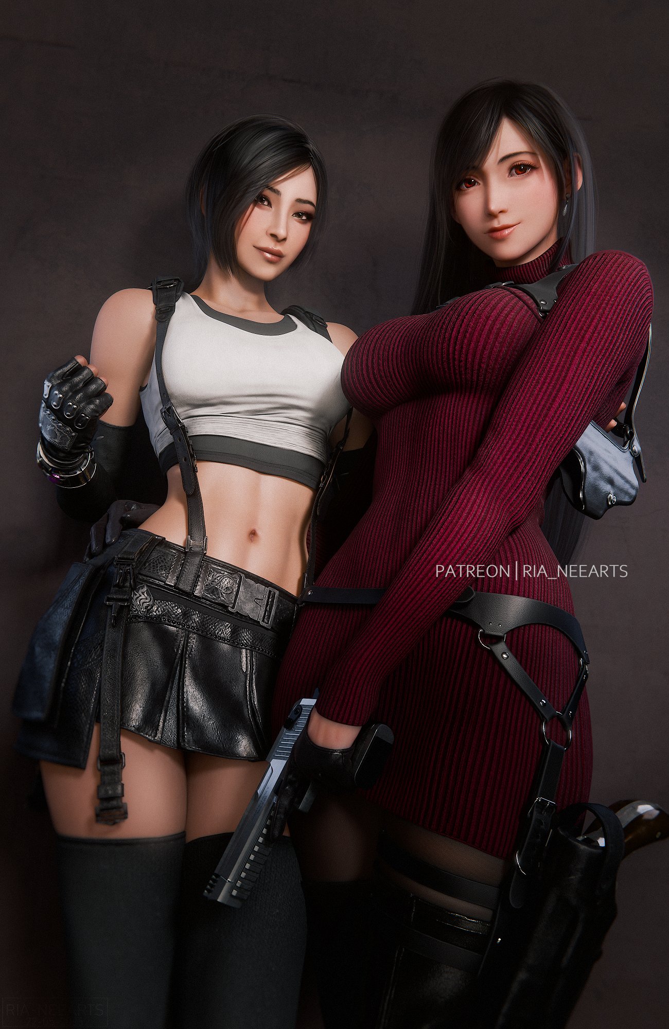 ria (baka-neearts), ada wong, tifa lockhart, final fantasy, final fantasy vii, resident evil, commentary, english commentary, highres, 2girls, black gloves, black hair, black skirt, black thighhighs, breasts, brown eyes, cosplay, costume switch, crop top, crossover, dress, earrings, fingerless gloves, gloves, gun, hand on another's hip, handgun, holding, holding gun, holding weapon, holster, holstered, jewelry, large breasts, long hair, looking at viewer, medium breasts, midriff, multiple girls, patreon username, red eyes, short hair, shoulder holster, skirt, suspender skirt, suspenders, sweater, sweater dress, tank top, thighhighs, tifa lockhart (cosplay), turtleneck, turtleneck dress, weapon, white tank top, zettai ryouiki