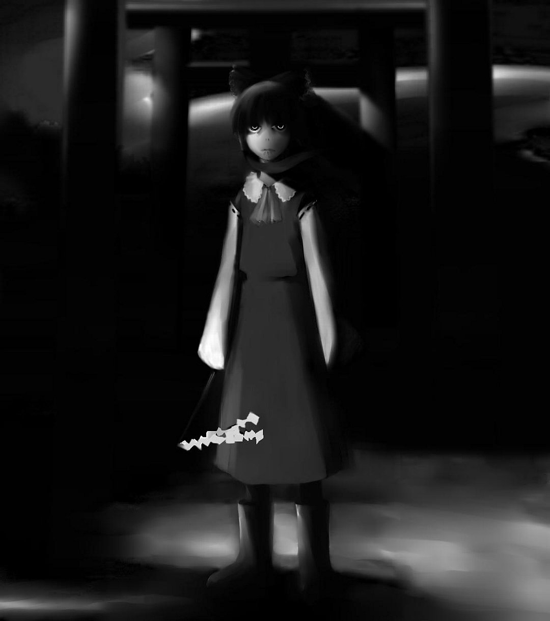 futon (kitsune tsuki), kitsune tsuki, hakurei reimu, touhou, highres, 1girl, dark, female focus, greyscale, monochrome, solo, utubuse