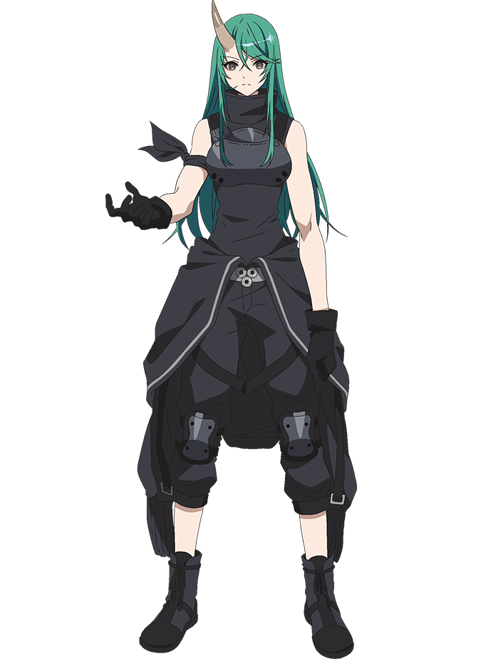 takafuji aya, hoshiguma (arknights), arknights, official art, 1girl, anime coloring, armband, black boots, black gloves, black pants, black shirt, boots, breasts, clenched hands, closed mouth, collared shirt, crossed bangs, full body, gloves, green hair, hair between eyes, hand up, horns, jacket, knee guards, large breasts, long hair, long sidelocks, looking at viewer, narrow waist, open hand, pants, shirt, sidelocks, simple background, single horn, skin-covered horns, sleeveless, solo, standing, transparent background, yellow eyes