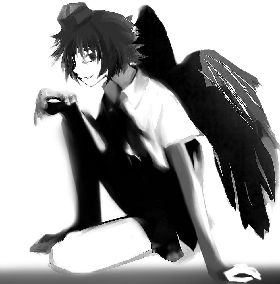 futon (kitsune tsuki), kitsune tsuki, shameimaru aya, touhou, 1girl, female focus, greyscale, grin, hat, looking at viewer, monochrome, smile, solo, utubuse