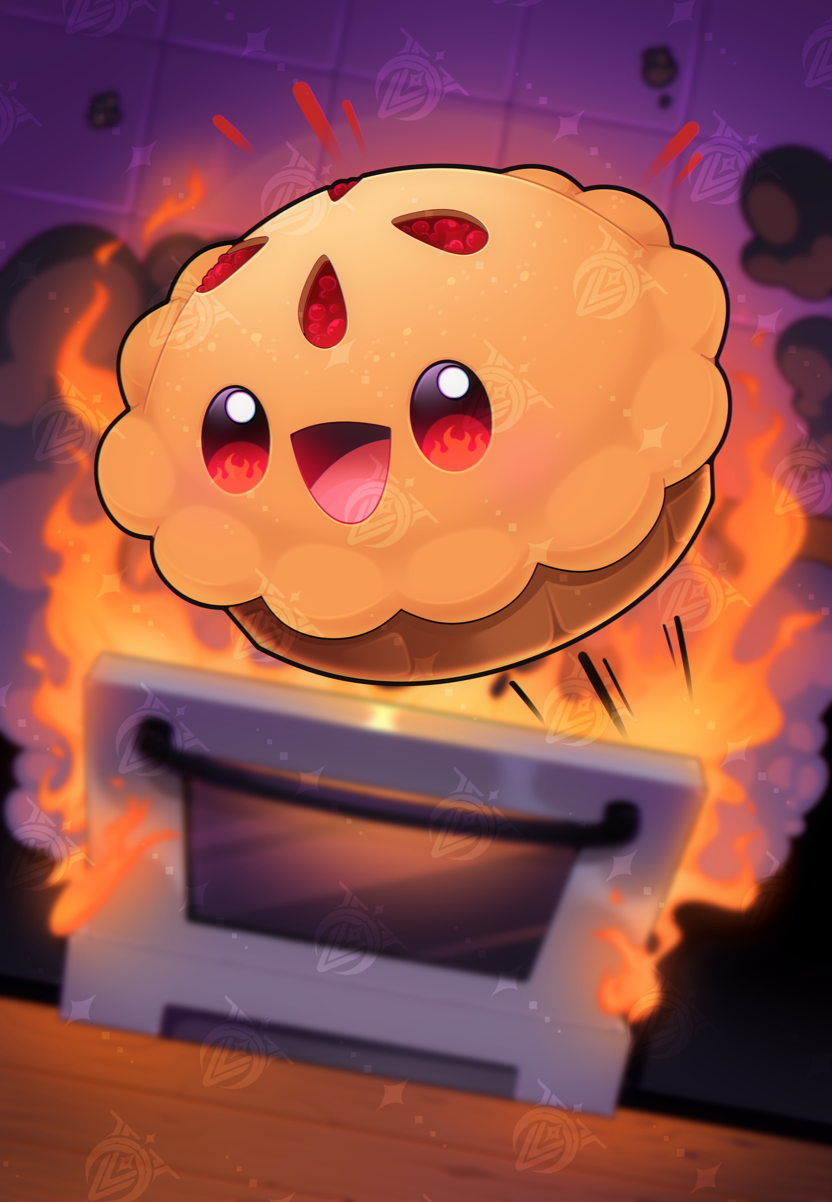 plushunagi, indie virtual youtuber, absurdres, highres, cutiepie (cha cha), fire, food, no humans, open mouth, oven, pie, red eyes, smile, tile wall, tiles, virtual youtuber, watermark