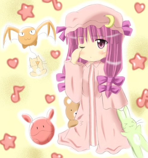 exe (artist), xe (execut3r), haro, patchouli knowledge, gundam, touhou, striped, 1girl, creature, crescent, crescent hair ornament, dress, female focus, full body, hair ornament, hair ribbon, hat, heart, long hair, long sleeves, mob cap, musical note, one eye closed, purple eyes, purple hair, ribbon, sleepy, solo, standing, star (symbol), stuffed animal, stuffed toy, teddy bear, tress ribbon, vertical stripes