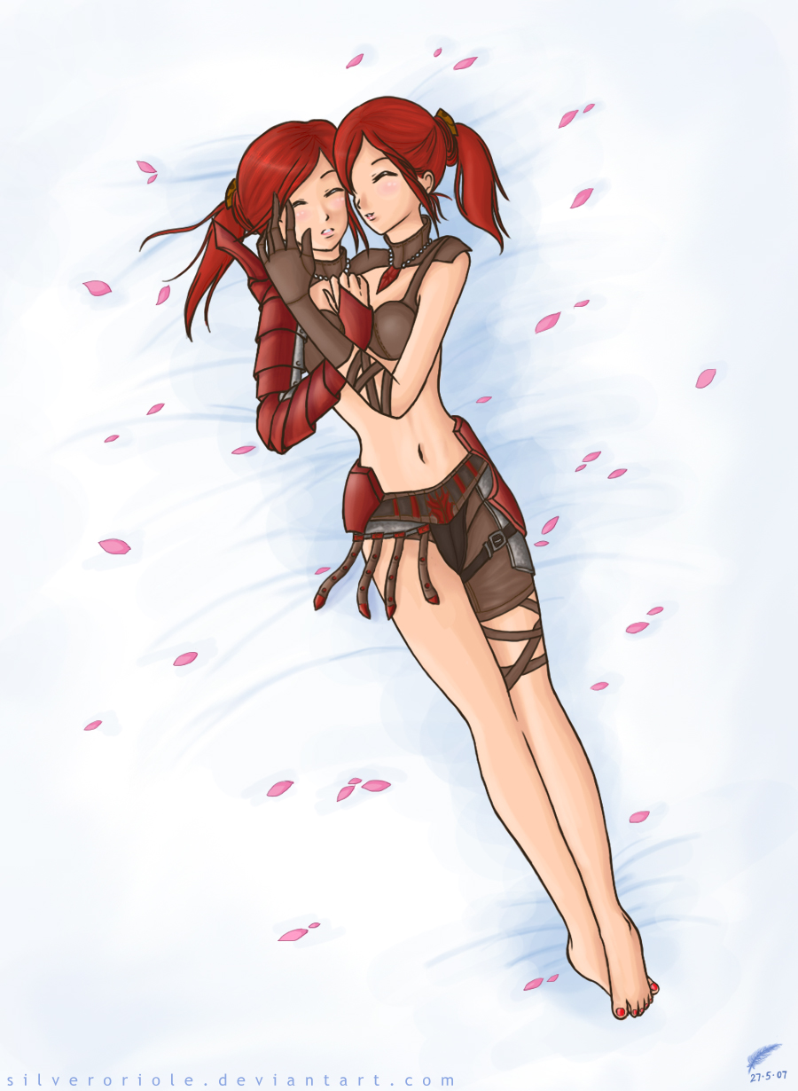 silveroriole, guild wars, bad tag, highres, conjoined, gloves, midriff, multiple heads, ponytail, red hair