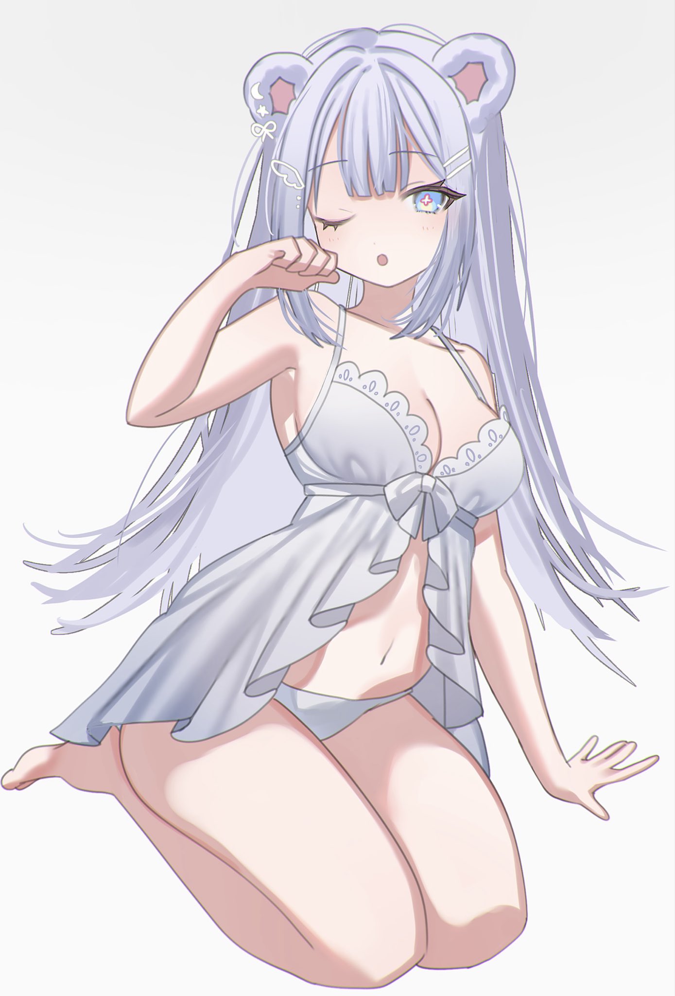 hakua aa, indie virtual youtuber, commentary request, highres, 1girl, ;o, animal ears, armpits, babydoll, bare shoulders, barefoot, bear ears, blue eyes, breasts, cleavage, cross-shaped pupils, hand up, large breasts, long hair, looking at viewer, navel, one eye closed, open mouth, panties, shirokuma hakua, simple background, solo, spaghetti strap, stomach, symbol-shaped pupils, thighs, underwear, underwear only, virtual youtuber, white babydoll, white background, white hair, white panties