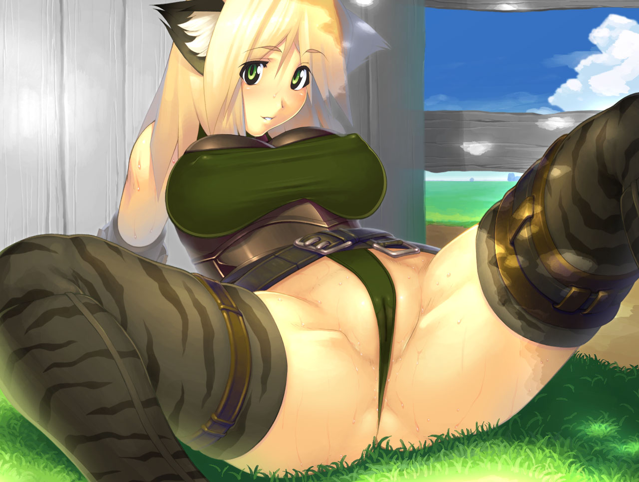 yn red, fantasy earth zero, 1girl, animal ears, blonde hair, breasts, cameltoe, camouflage, cleft of venus, covered erect nipples, day, fat mons, female focus, green eyes, huge breasts, large breasts, nipples, panties, partially visible vulva, pussy, solo, spread legs, sweat, thighhighs, uncensored, underwear