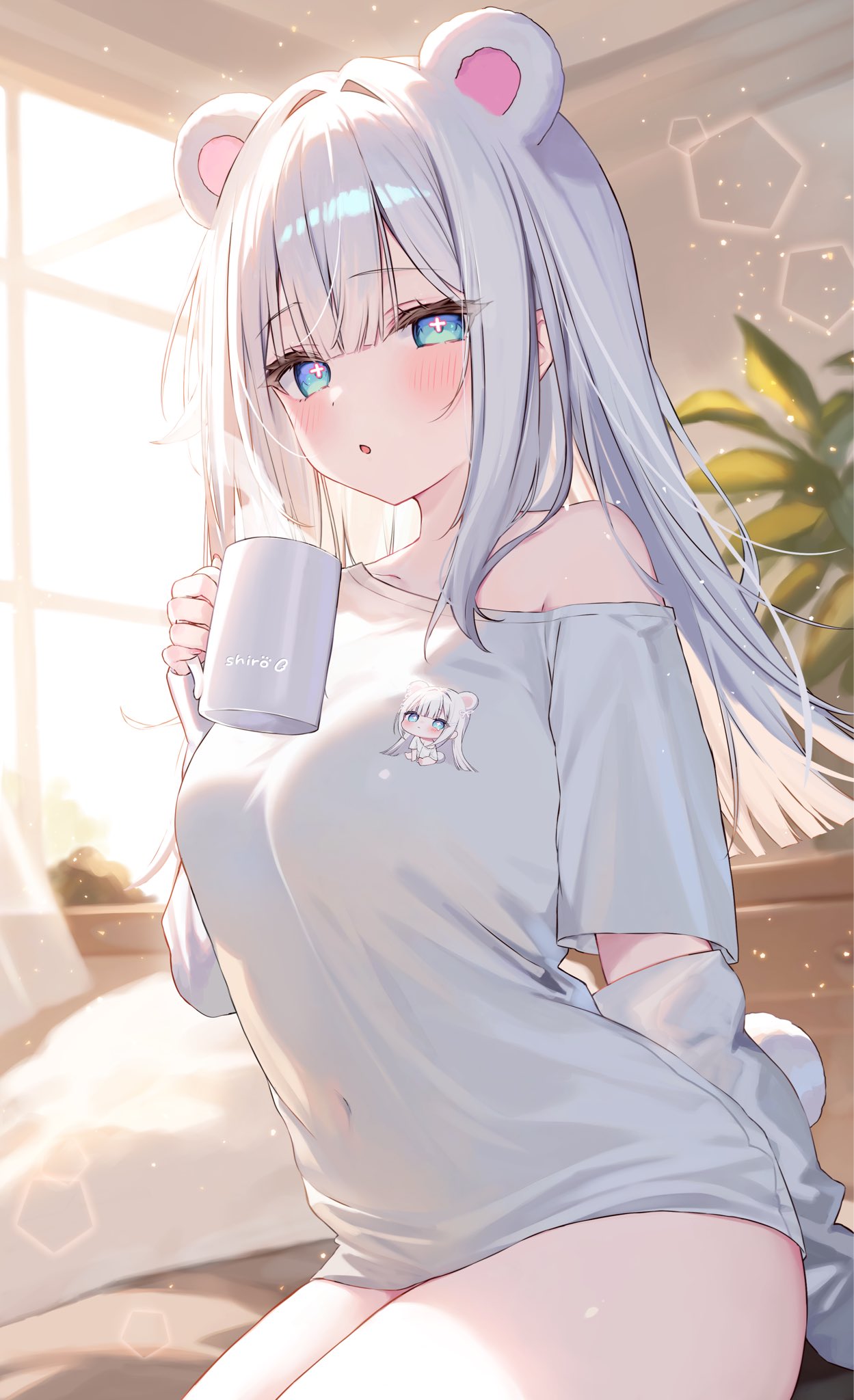 hakua aa, indie virtual youtuber, commentary request, highres, 1girl, animal ears, bear ears, blue eyes, breasts, covered navel, cross-shaped pupils, cup, extra ears, holding, holding cup, long hair, long sleeves, looking at viewer, medium breasts, off shoulder, parted lips, shirokuma hakua, shirt, short sleeves, single bare shoulder, sitting, solo, symbol-shaped pupils, virtual youtuber, white hair, white shirt