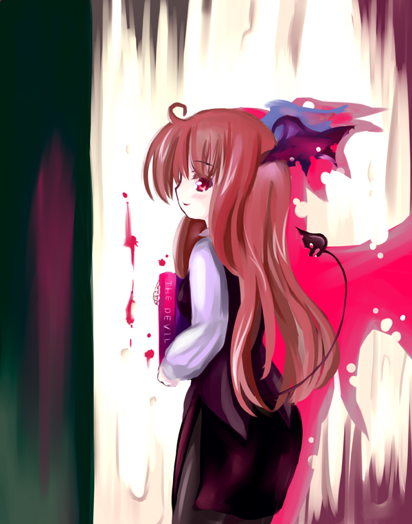 23, 23 (candy chapus), koakuma, embodiment of scarlet devil, touhou, 1girl, demon girl, female focus, head wings, red hair, solo, tail, wings