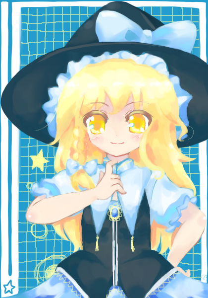 23, 23 (candy chapus), kirisame marisa, touhou, 1girl, blonde hair, blue background, bow, braid, brooch, checkered background, female focus, flat chest, frills, hair bow, hand on own hip, hat, hat bow, jewelry, light smile, long hair, looking at viewer, short sleeves, side braid, sidelocks, skirt, smile, solo, star (symbol), vest, witch hat, yellow eyes