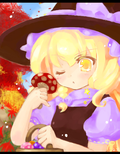 23, 23 (candy chapus), kirisame marisa, touhou, 1girl, ;o, autumn leaves, basket, blonde hair, blush, bow, braid, bush, cloud, day, female focus, flat chest, frills, from side, hair bow, hat, hat bow, holding, leaf, letterboxed, long hair, looking at viewer, mushroom, one eye closed, open mouth, outdoors, puffy sleeves, ribbon trim, side braid, signature, sky, solo, turtleneck, witch hat, yellow eyes